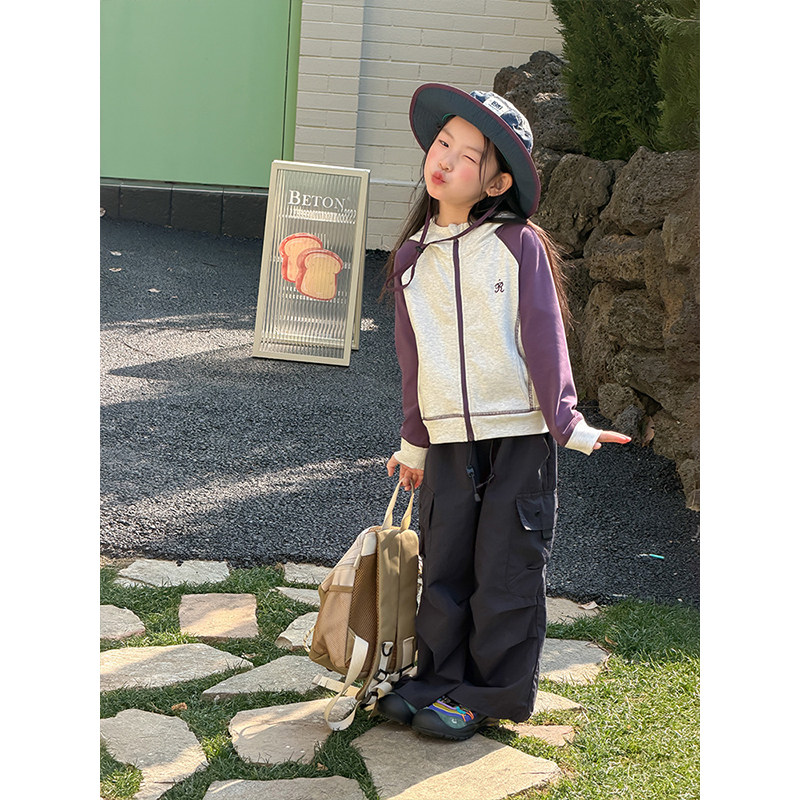 BEIFU贝芙 儿童春秋装洋气休闲明线拼接连帽外套女童韩版宽松上衣