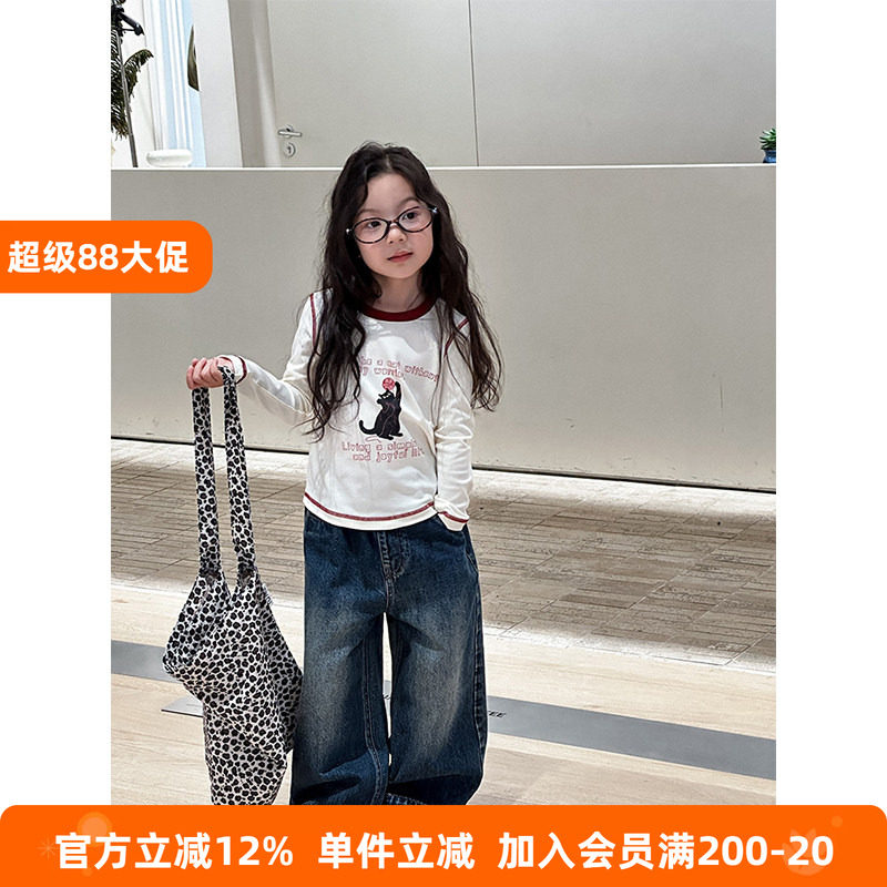 BEIFU贝芙 女童韩版卡通撞色长袖T恤儿童春秋百搭短款辣妹打底衫