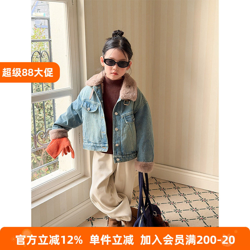 BEIFU贝芙 儿童冬季加绒保暖毛绒翻领牛仔外套女童防风加厚棉服潮