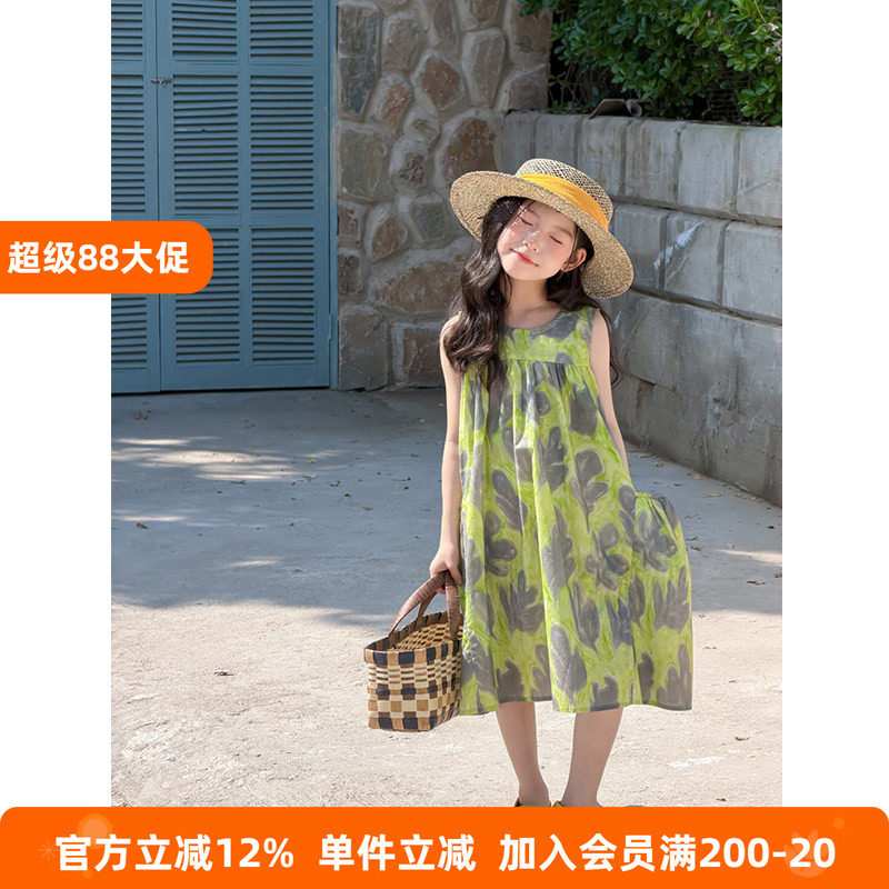 BEIFU贝芙 女童夏季轻薄透气度假风背心裙儿童森系印花无袖连衣裙