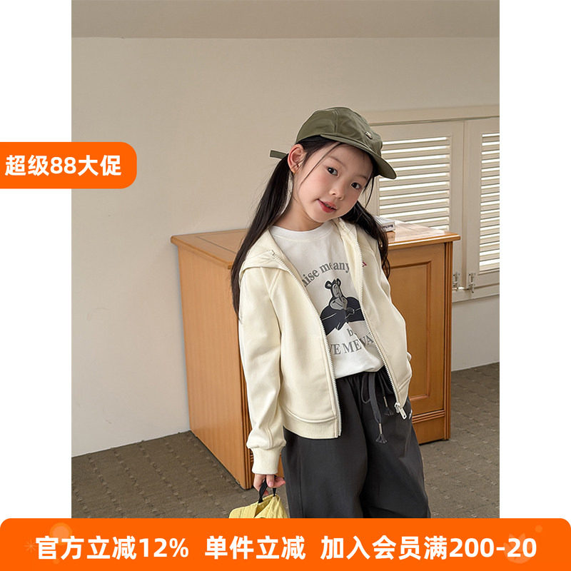 BEIFU贝芙 女童秋装刺绣纯色连帽卫衣外套儿童宽松休闲舒适上衣