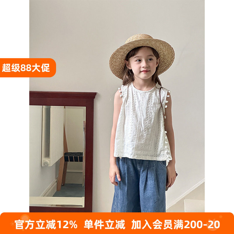 BEIFU贝芙 女童夏装纯棉镂空背心娃娃衫儿童韩版洋气百搭无袖T恤