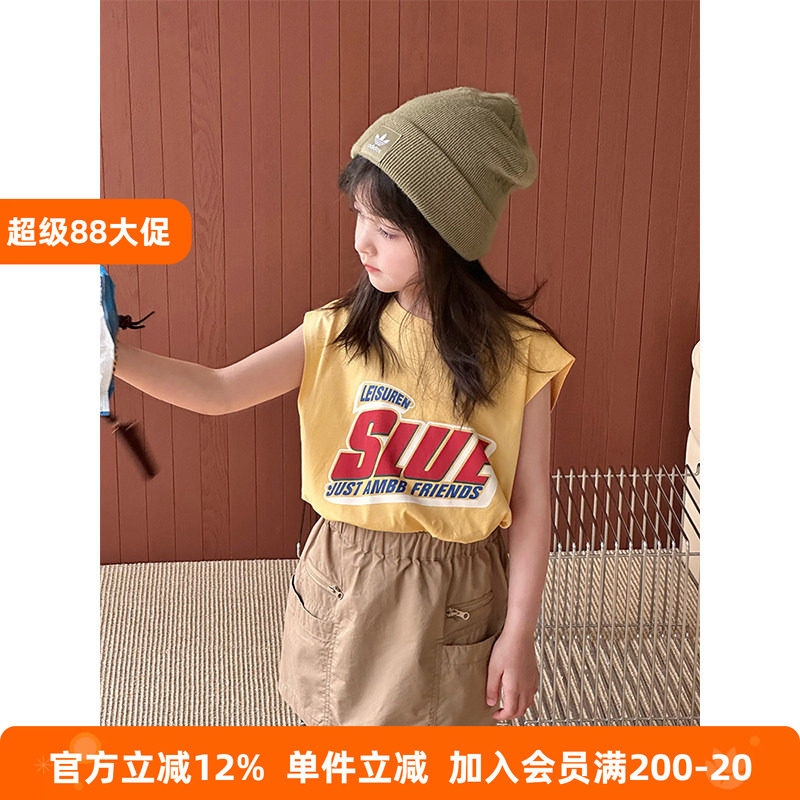 BEIFU贝芙 儿童夏季个性破洞字母短袖T恤女童韩版纯棉美式小背心