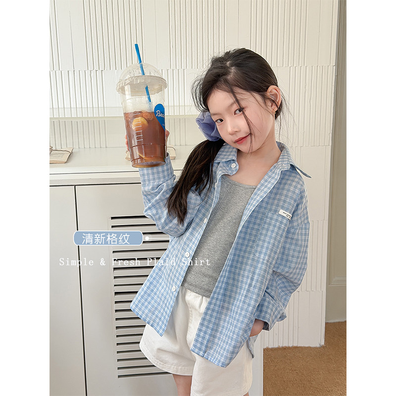 BEIFU贝芙 女童贴标格子翻领衬衫儿童休闲百搭衬衣中大童秋装上衣