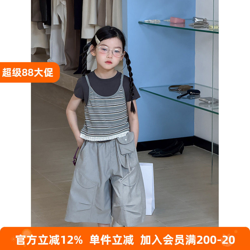 BEIFU贝芙 女童早秋洋气条纹吊带+短袖两件套儿童休闲T恤春秋套装
