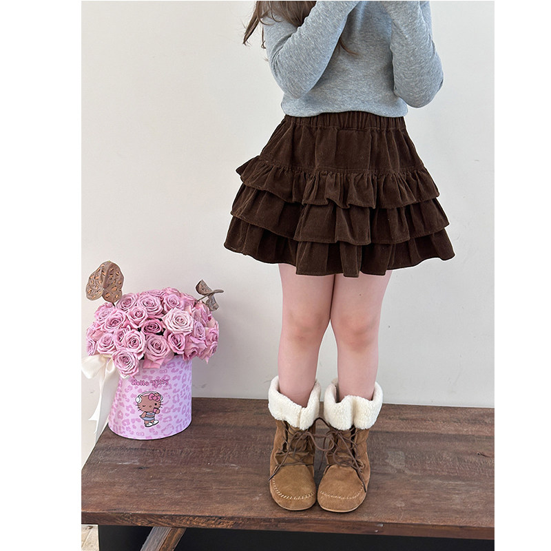 BEIFU贝芙 女童春秋韩版洋气垂感花边蛋糕裙儿童棉坑条百褶半身裙