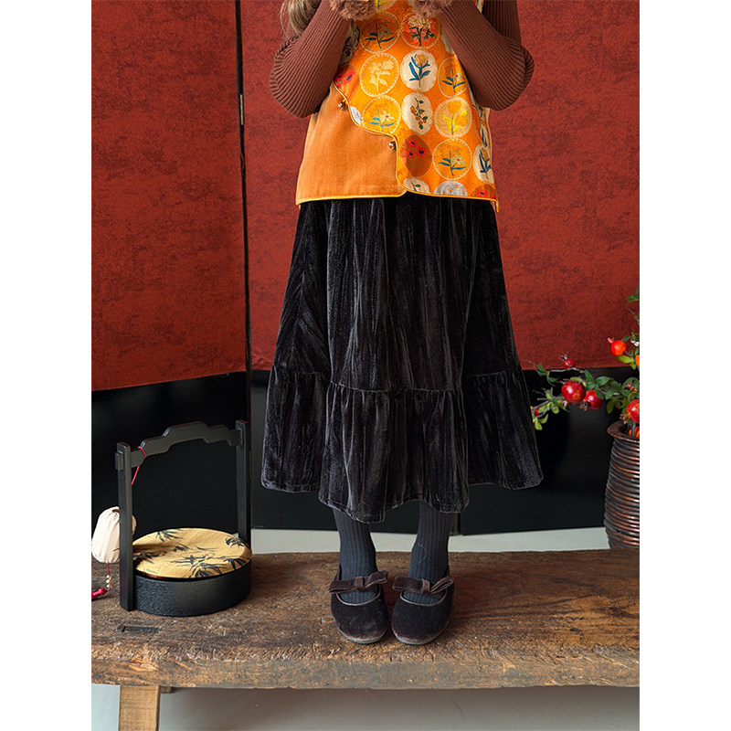 BEIFU贝芙 女童冬季加绒百搭丝绒半身裙儿童加厚拜年服穿搭长裙子