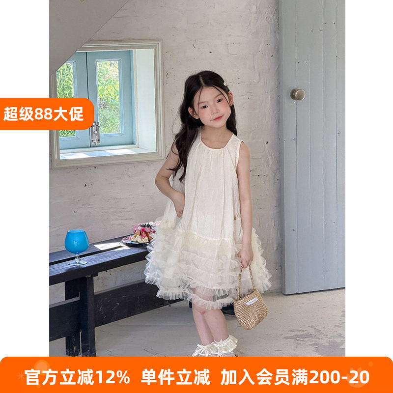 BEIFU贝芙 女童夏季甜美精致网纱蛋糕背心裙儿童肌理感无袖连衣裙