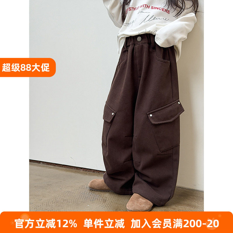 BEIFU贝芙 儿童纯棉加绒休闲工装裤女童冬季口袋加厚保暖直筒裤子