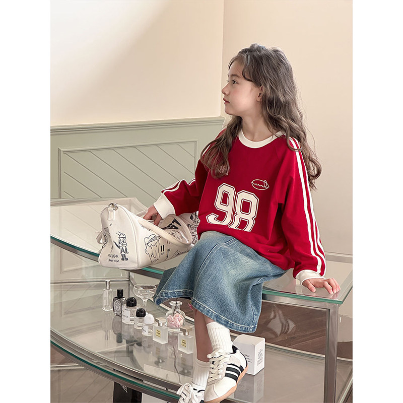 BEIFU贝芙 儿童春秋撞色字母运动长袖打底衫T恤女童韩版宽松卫衣