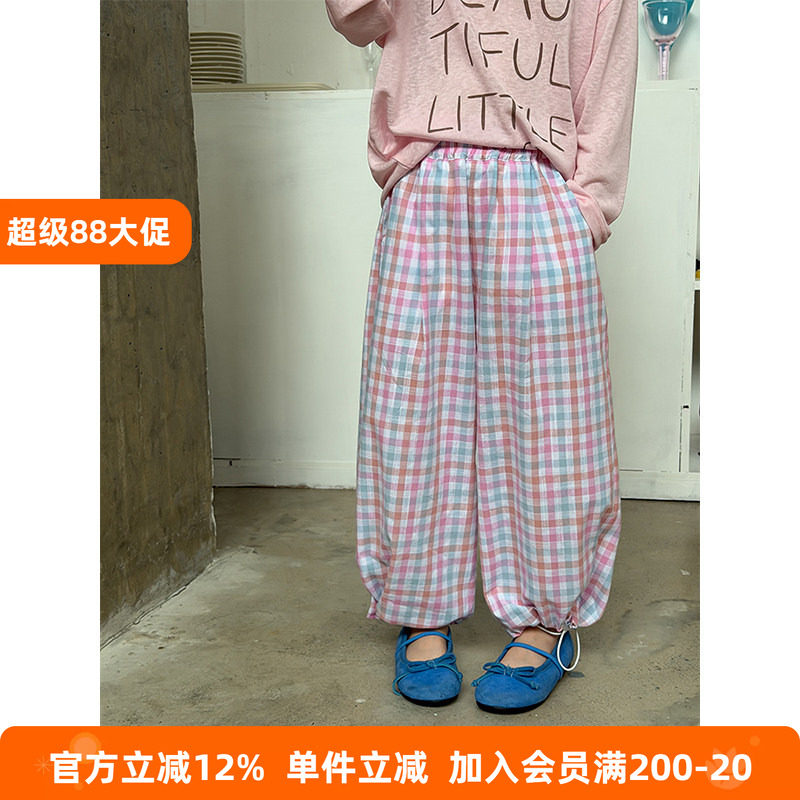 BEIFU贝芙 女童夏季薄款纯棉格子休闲直筒裤儿童韩版百搭防蚊裤子