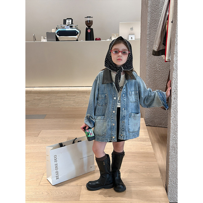 BEIFU贝芙 女童春秋时髦磨白口袋牛仔外套儿童拼皮翻领夹克上衣潮