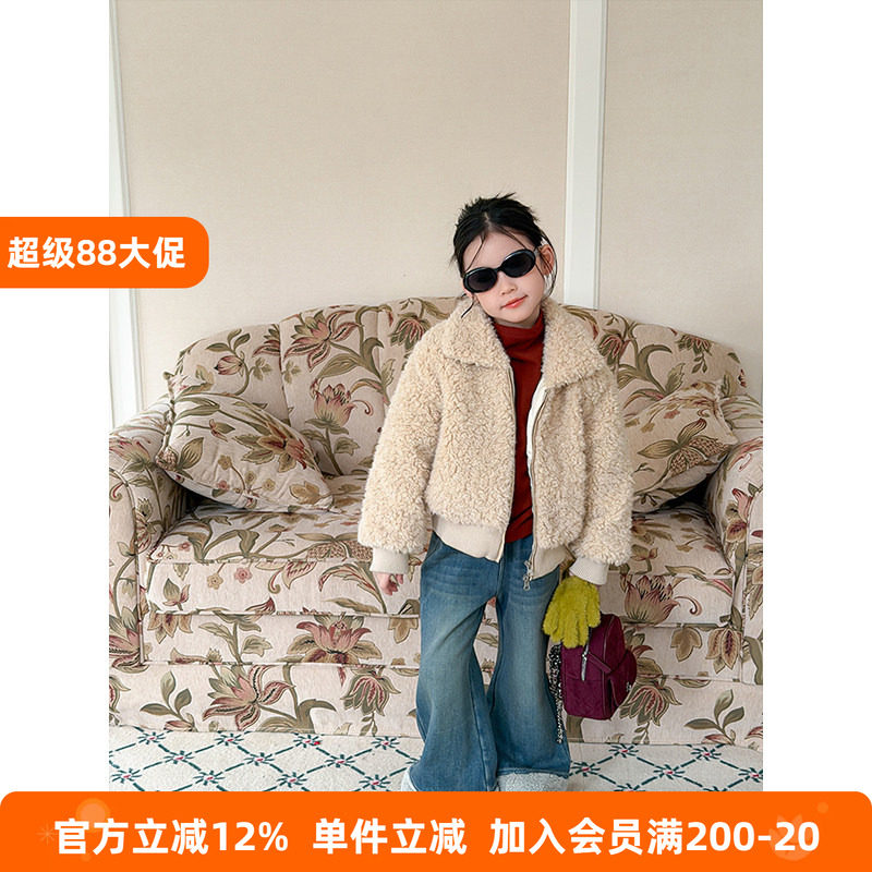 BEIFU贝芙 女童冬季加厚保暖翻领毛绒外套儿童韩版洋气休闲棉服潮