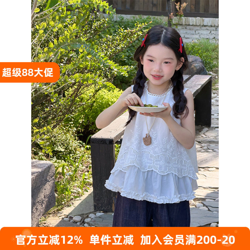 BEIFU贝芙 女童夏季森系蕾丝花边娃娃衫背心儿童纯棉休闲上衣T恤