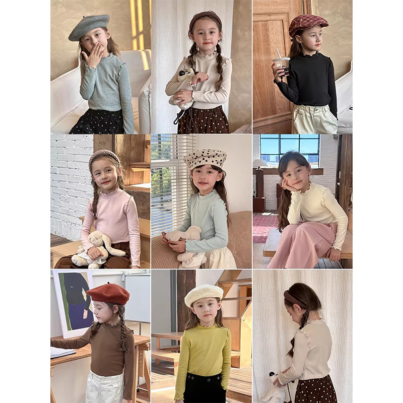 BEIFU 女童春秋木耳边半高领打底衫儿童休闲内搭长袖中领春装T恤