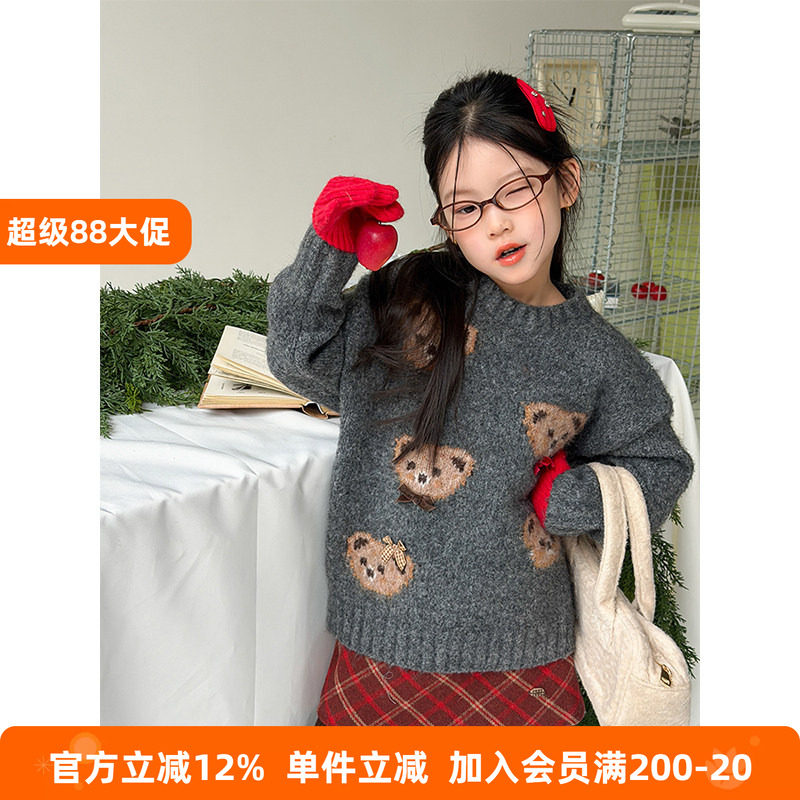 BEIFU贝芙 儿童冬季加厚卡通小熊毛衣女童韩版百搭宽松保暖针织衫