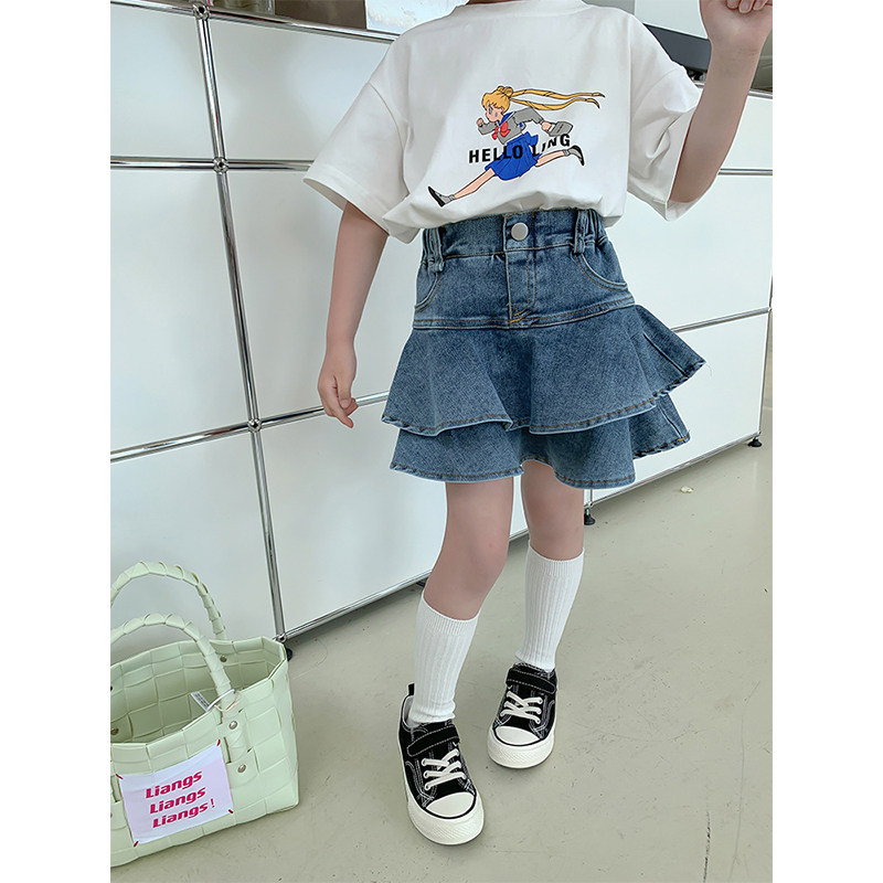 BEIFU贝芙 女童夏季洋气拼接牛仔蛋糕裙儿童韩版高弹百褶半身裙子