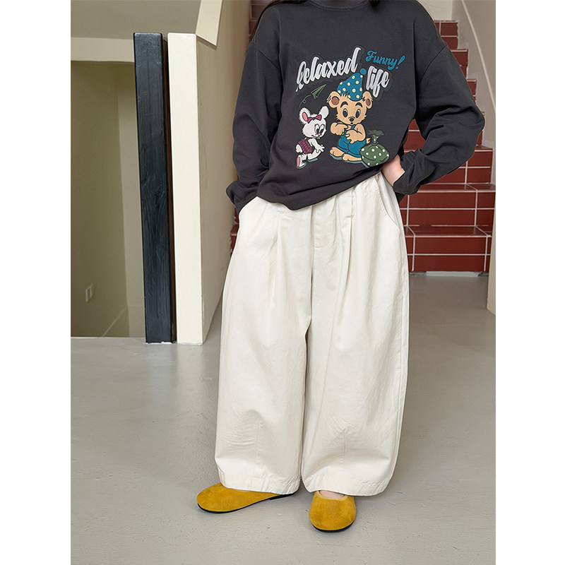 BEIFU贝芙 儿童春秋全棉斜纹拼接休闲裤女童百搭宽松直筒阔腿裤子