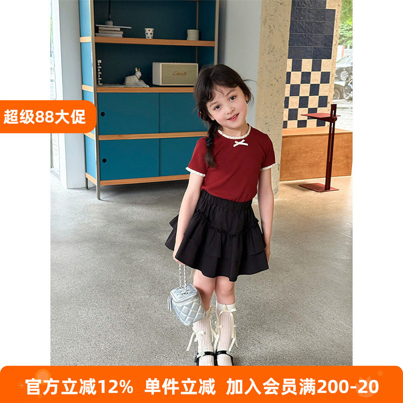 BEIFU贝芙 女童夏装甜美蝴蝶结短袖儿童韩版洋气花边短款半袖T恤