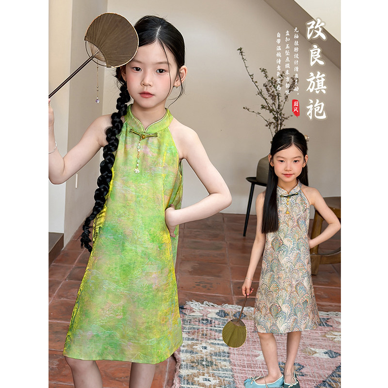 BEIFU贝芙 女童夏季改良版旗袍裙新中式挂脖裙儿童温柔无袖连衣裙
