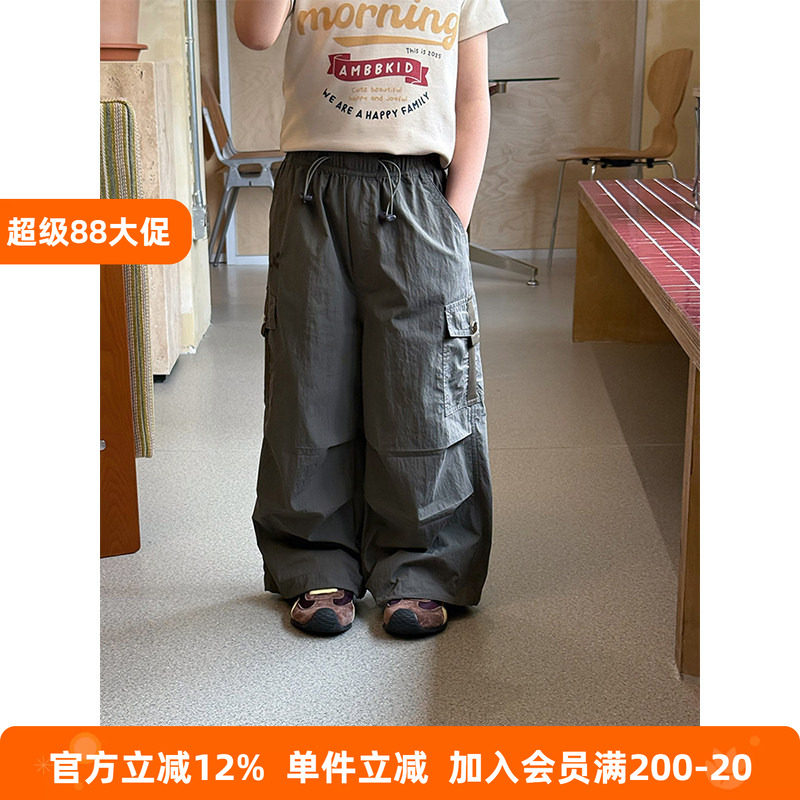 BEIFU贝芙 儿童春秋装时髦口袋薄款工装裤女童韩版百搭褶皱直筒裤