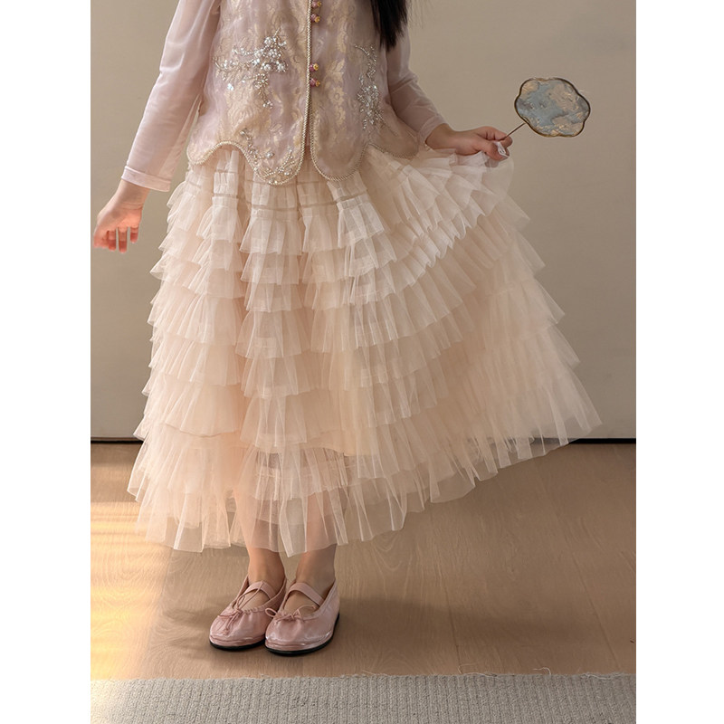 BEIFU贝芙 女童夏季温柔精致层次感蓬蓬蛋糕裙儿童甜美网纱半身裙