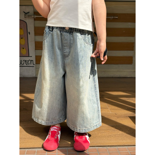 BEIFU贝芙 儿童夏装复古磨白牛仔九分裤女童韩版宽松休闲直筒裤子