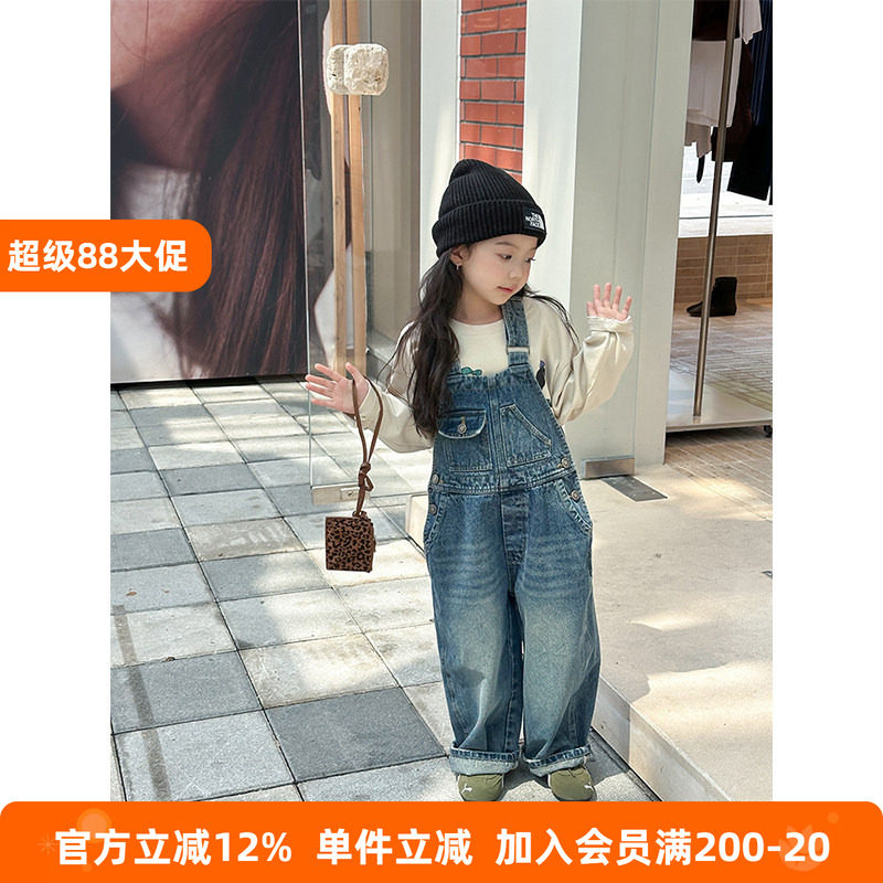 BEIFU贝芙 儿童春秋装复古磨白休闲背带裤女童韩版时髦连体牛仔裤