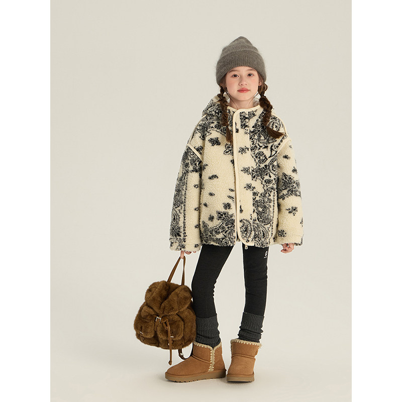 BEIFU贝芙 儿童冬季夹棉费尔岛摇粒绒外套女童韩版腰果花保暖棉服