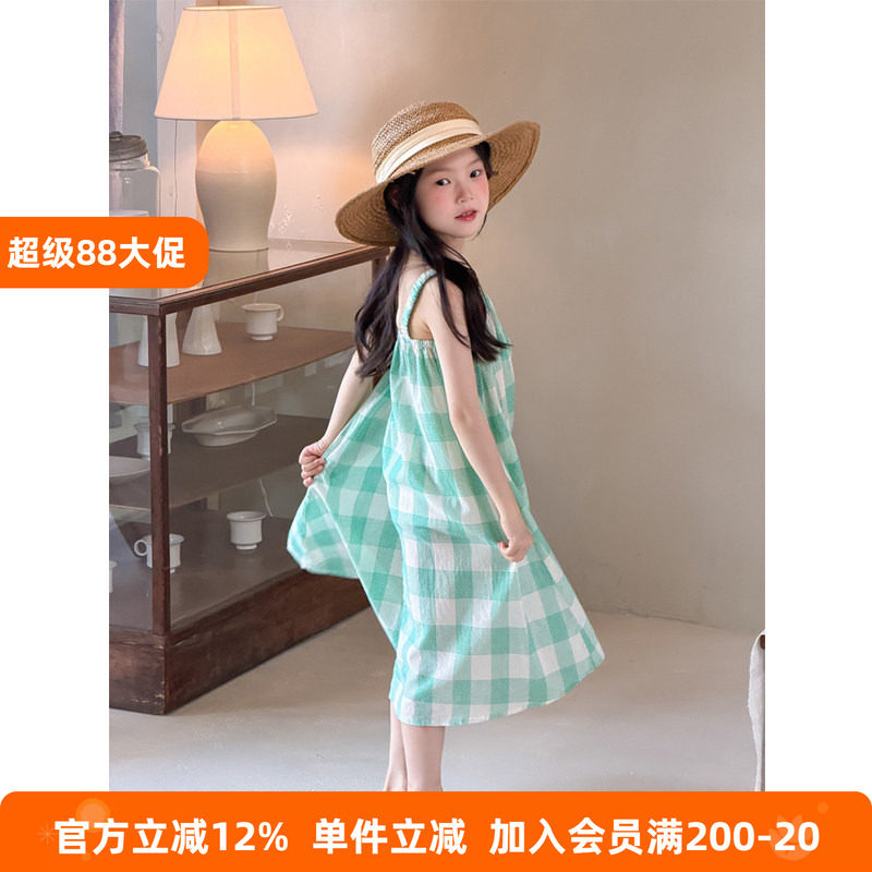 BEIFU贝芙 女童夏季绿格子纯棉无袖吊带裙儿童背心裙中长款连衣裙