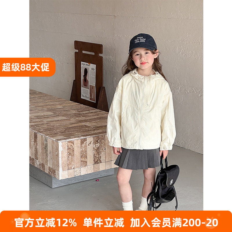 BEIFU贝芙中大儿童春夏连帽拉链纯色外套女童薄款休闲宽松防晒衣