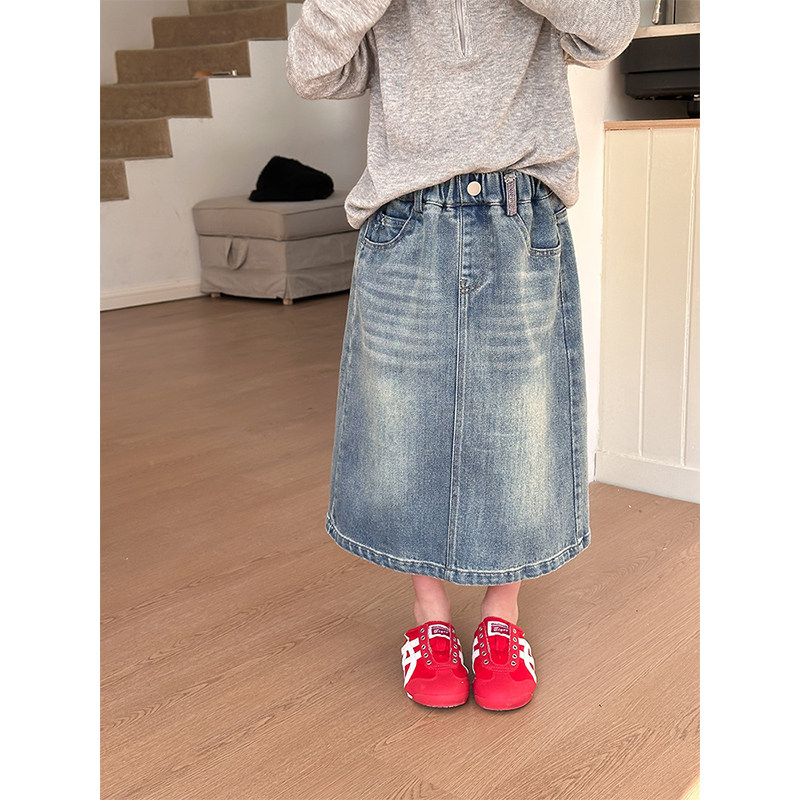 BEIFU贝芙 女童春秋磨白做旧中长款牛仔半身裙儿童气质百搭直筒裙