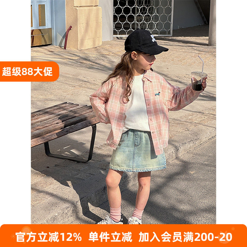 BEIFU贝芙 儿童秋装纯棉刺绣翻领格子衬衫女童休闲舒适上衣外套潮