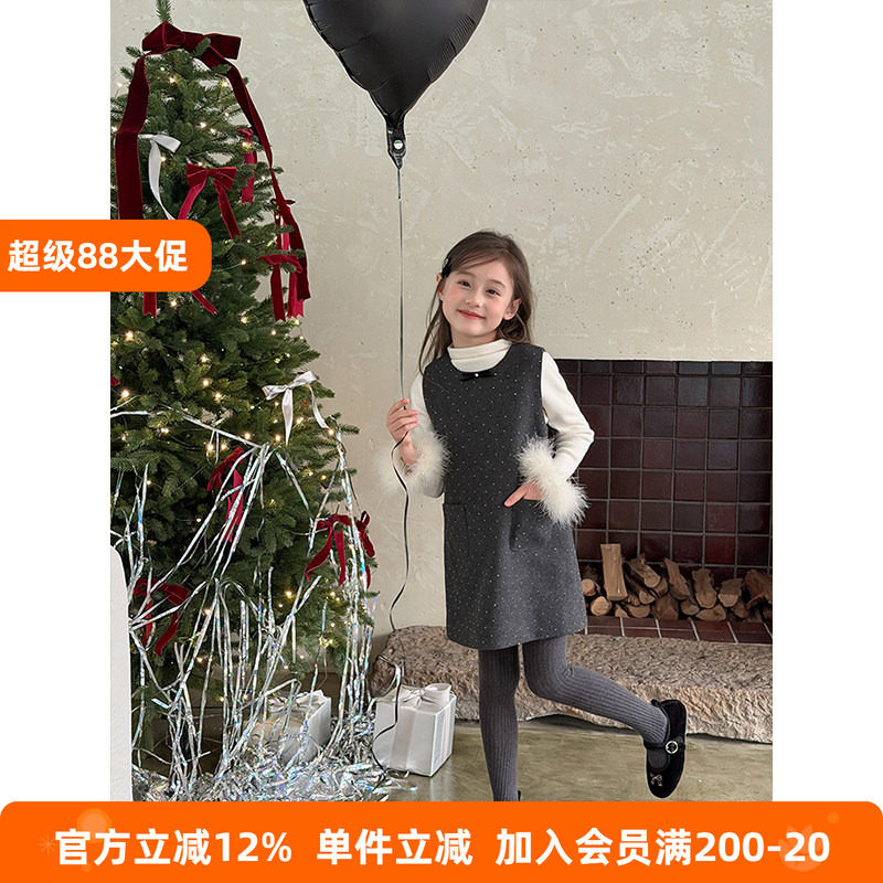 BEIFU贝芙 女童韩版毛呢烫钻波点背心裙儿童冬季复古加厚连衣裙子
