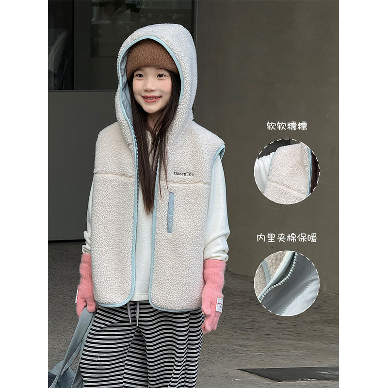 BEIFU 女童加厚羊羔毛连帽马甲儿童冬季锁温保暖上衣坎肩背心外套