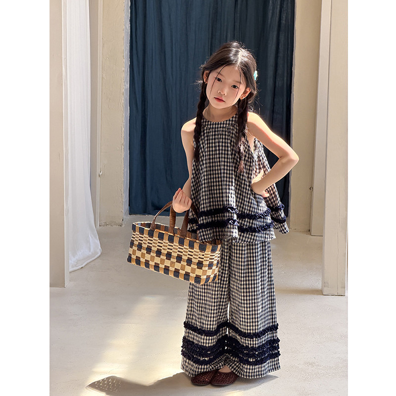 BEIFU贝芙 女童森系纯棉格子套装夏儿童拼接花边背心+裤子两件套