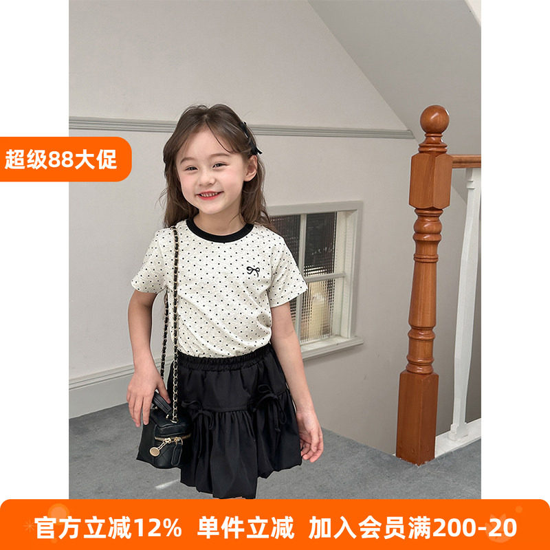 BEIFU贝芙 女童夏装气质波点蝴蝶结短袖T恤儿童韩版百搭短款上衣