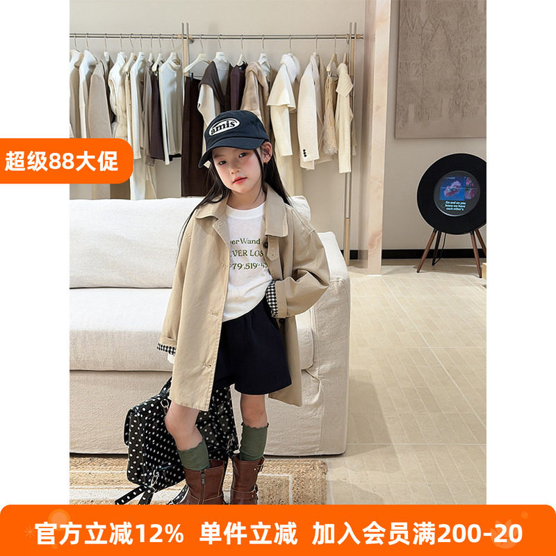 BEIFU贝芙 儿童春秋中长款格子拼接风衣外套女童韩版气质休闲上衣