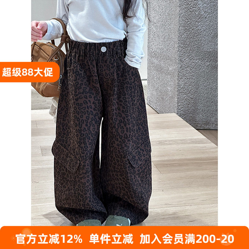 BEIFU贝芙女童春秋装时髦豹纹裤个性工装裤儿童休闲直筒阔腿裤子
