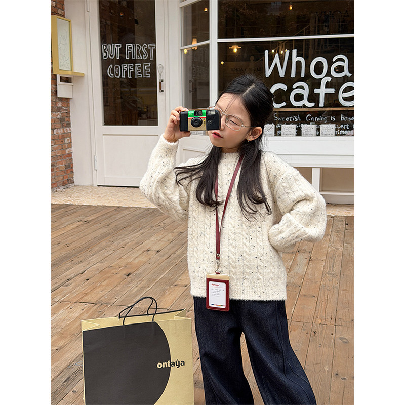 BEIFU贝芙 女童冬季加厚麻花毛衣儿童韩版彩点亮丝洋气百搭针织衫