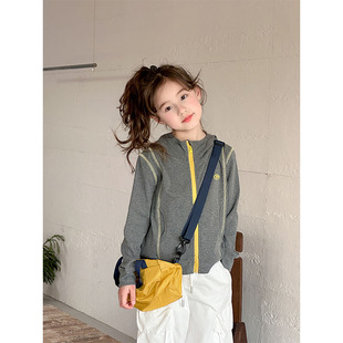 BEIFU 儿童春装连帽无骨弹力修身卫衣外套女童撞色字母休闲拉链衫