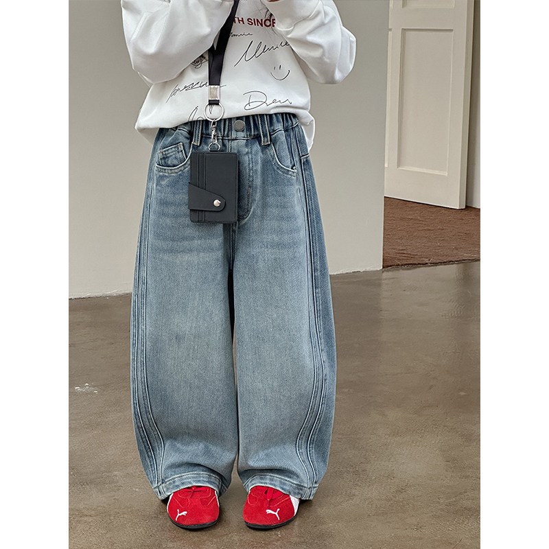 BEIFU贝芙 女童韩版奥粒绒阔腿裤儿童韩版加厚保暖裤子薄绒牛仔裤