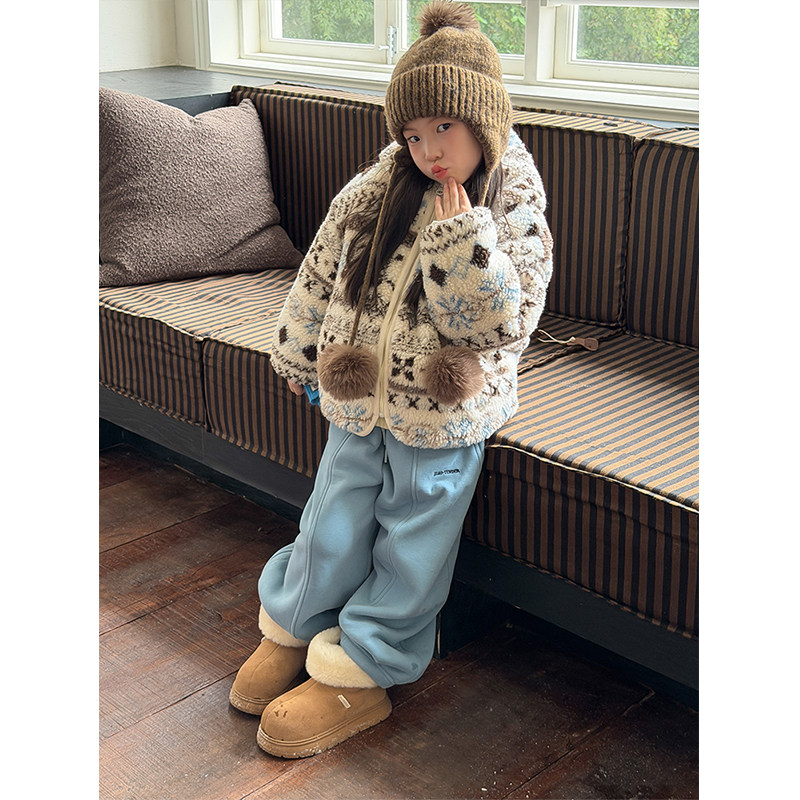 BEIFU贝芙 女童冬季浪漫费尔岛提花加厚保暖棉服儿童夹棉连帽外套