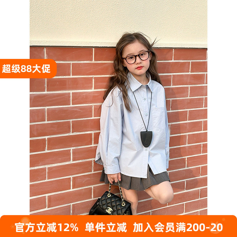 BEIFU贝芙 儿童春秋装纯棉透气翻领衬衫女童百搭上衣纯色衬衣外套