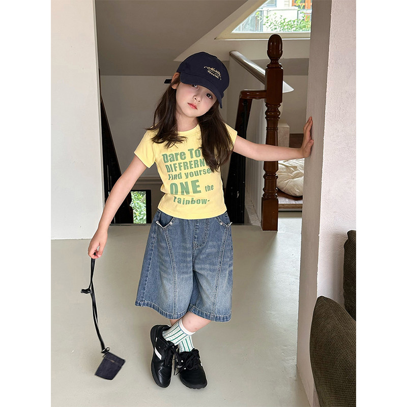 BEIFU贝芙 儿童夏季时髦短款辣妹短袖T恤上衣女童修身字母打底衫