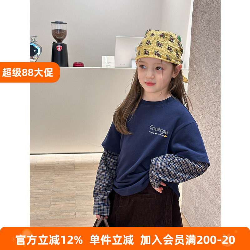 BEIFU贝芙 女童秋装后背卡通印花假两件打底衫儿童宽松长袖T恤潮