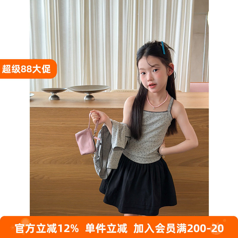BEIFU贝芙 女童甜美复古波点背心儿童弹力修身短款碎花吊带上衣夏