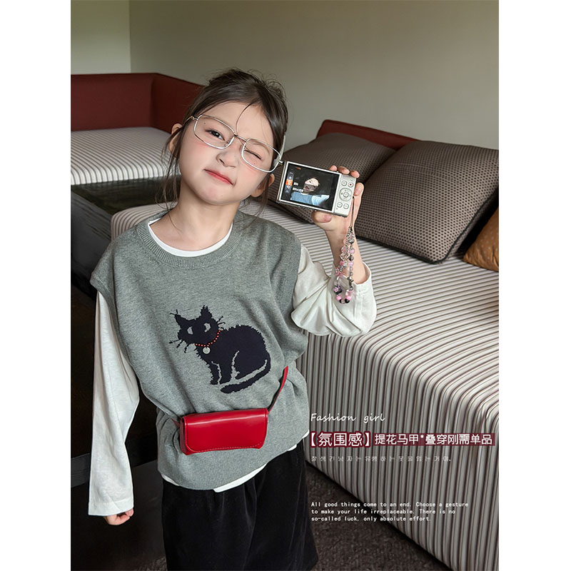 BEIFU贝芙 儿童可爱猫咪叠穿针织背心女童洋气百搭毛衣马甲上衣秋