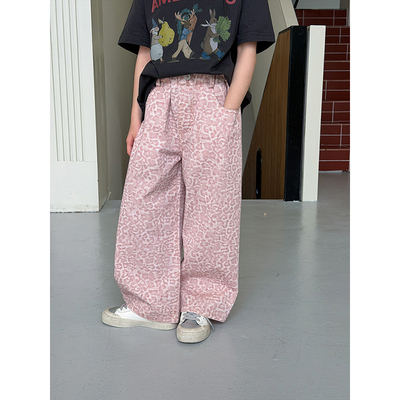 BEIFU贝芙 儿童春秋装全棉洋气豹纹直筒裤女童韩版宽松百搭休闲裤