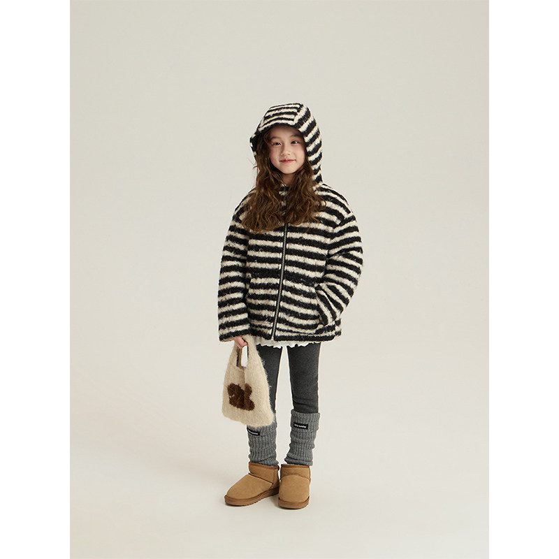 BEIFU贝芙 儿童冬季加厚条纹连帽毛绒外套女童韩版百搭保暖棉服潮